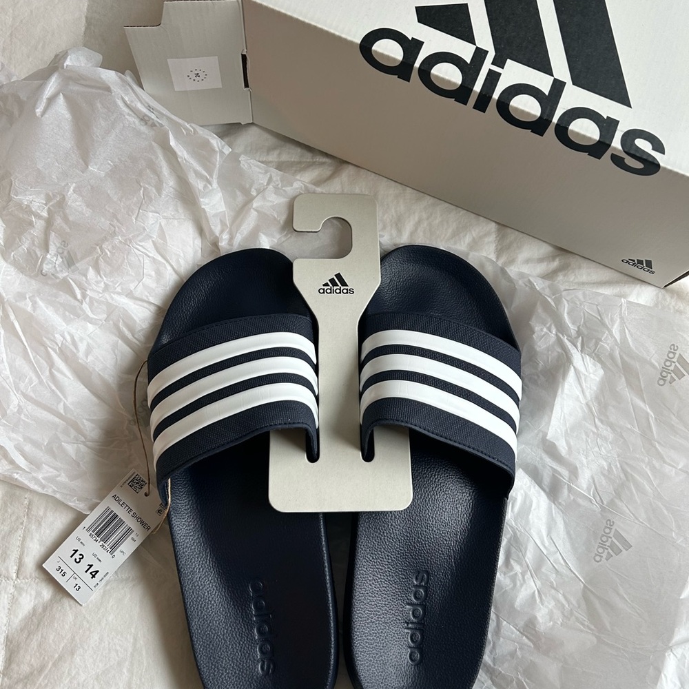 Adidas Navy and White Striped Slides